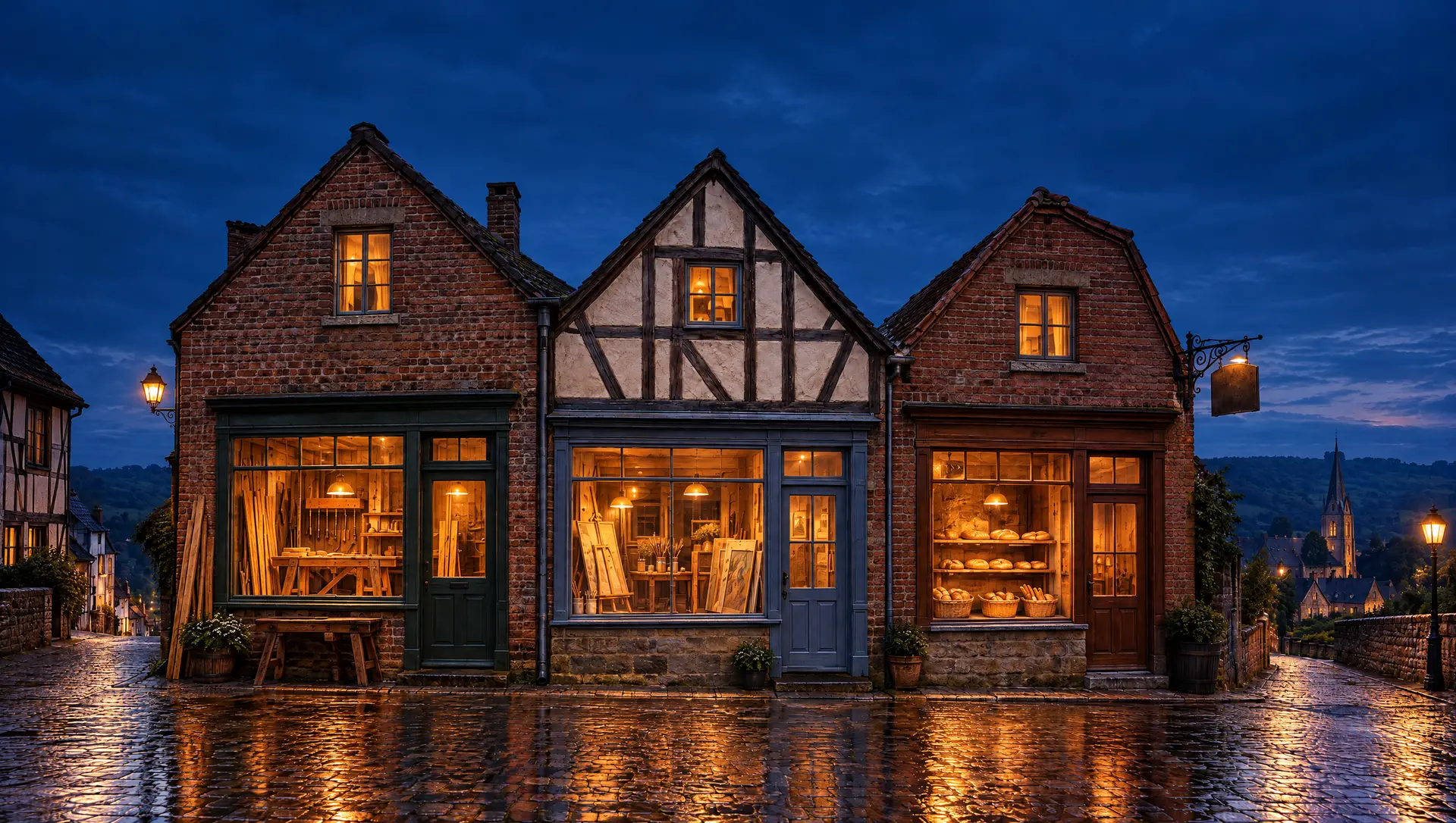 Een Limburgse straat met drie werkplaatsen (timmerman, schilder, bakker) in de schemering. Terwijl je scrolt gaan hun lichten één voor één aan.